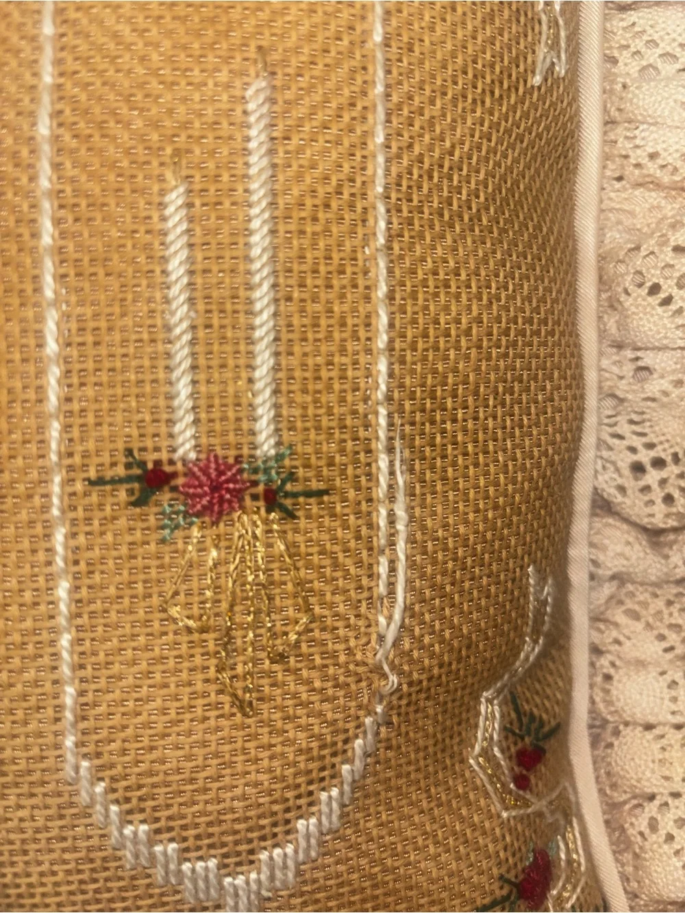 Vintage needlepoint lace and satin Noel pillow
